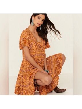 Patrons of Peace  burnt Orange Paisley Ruffle Mini Dress